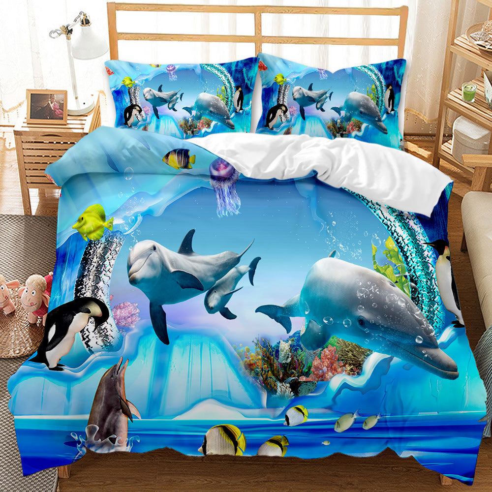 Underwater World Whale Shark Cross-Border Foreign Trade Quilt Cover Three-Piece Set Four-Piece 3D Digital Printing Brushed BeddingSet