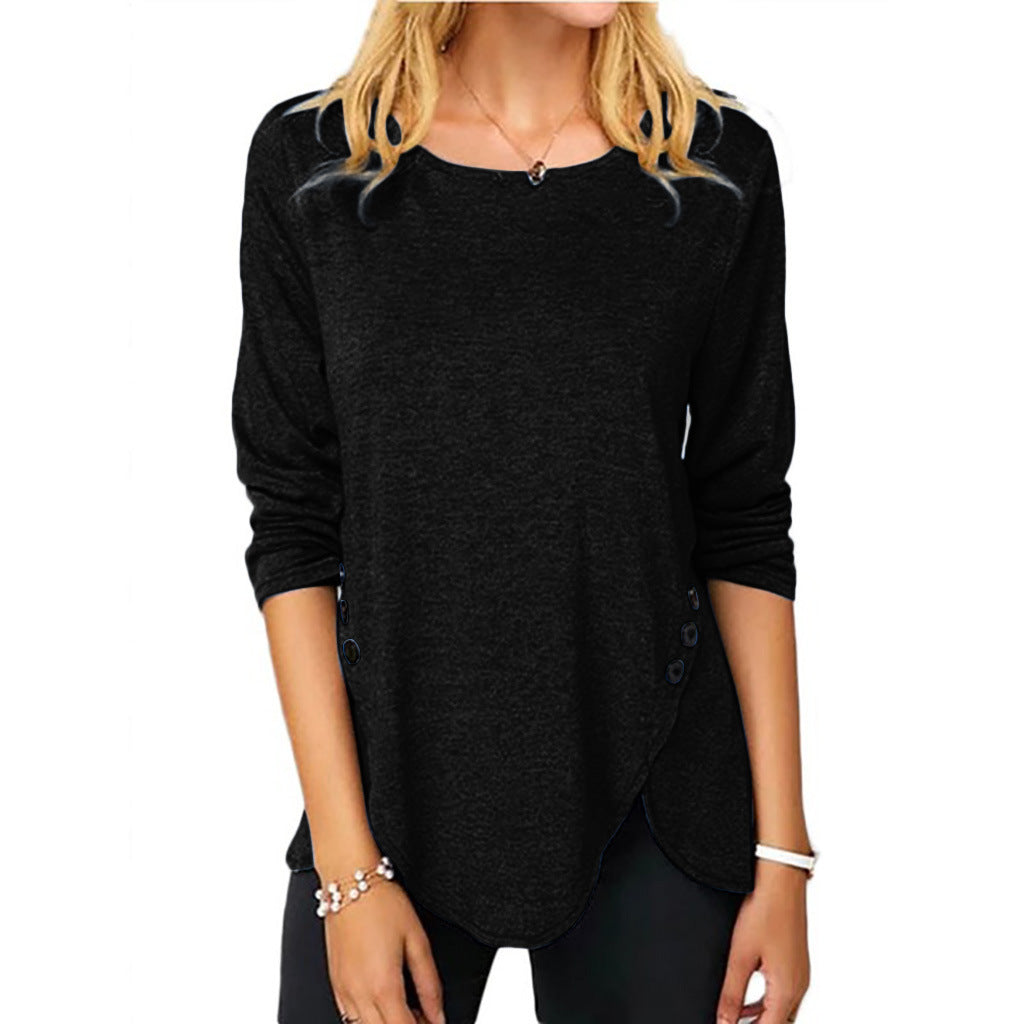 Spring And Summer Hot Style Irregular Button Hem Long Sleeve Round Neck T-shirt