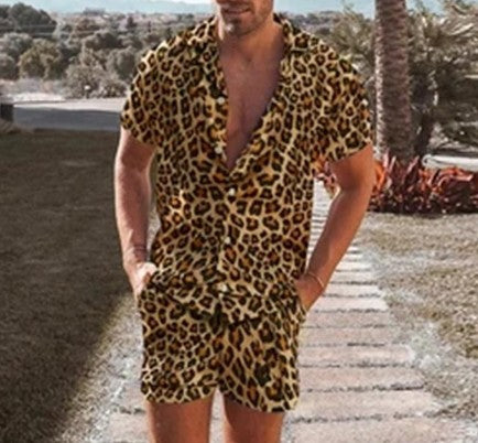 Summer Wear Men Sets Leopard Printed Lapel Short Sleeve