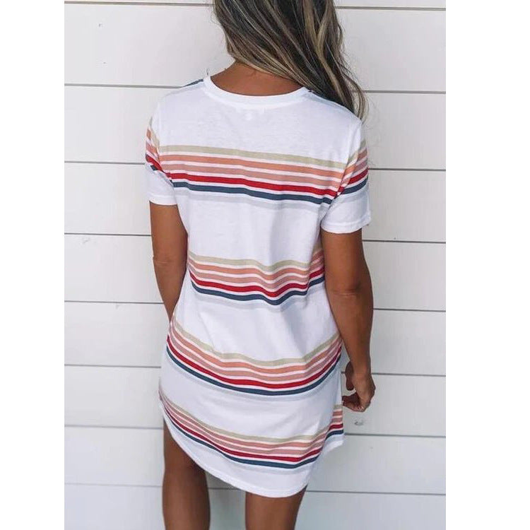 Women'S European And American Summer Color Striped Round Neck Dress Aliexpress Amazon Tt00567