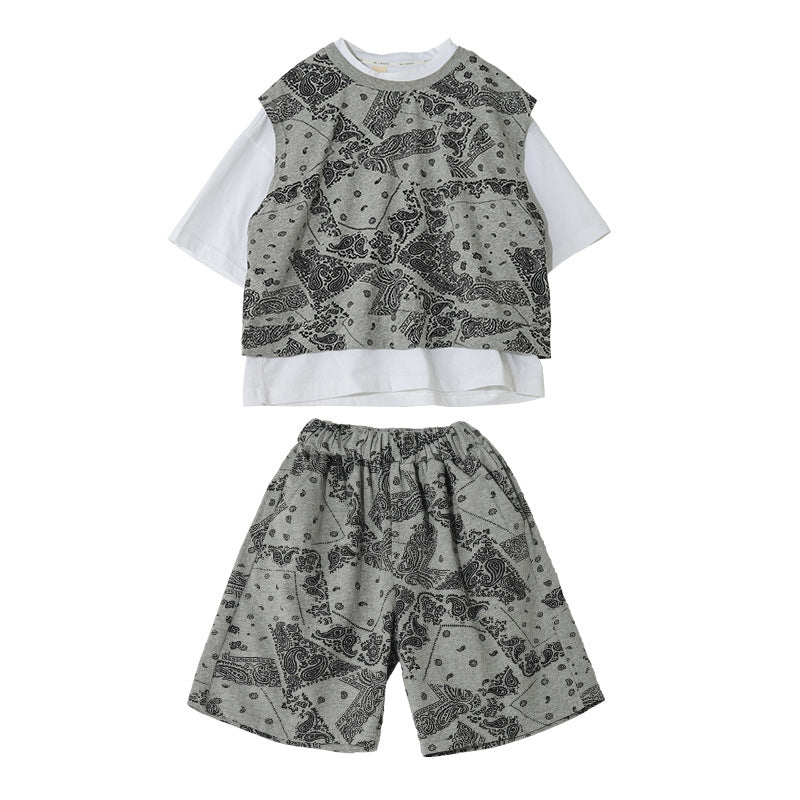 Boys Handsome Short-sleeved Shorts Suit Three-piece Trend