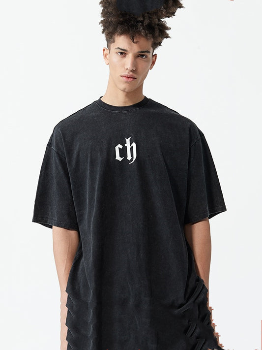 T-shirt Men's Washed And Worn Cotton Tide Brand Loose Wild Drop Shoulder Black Boys Half-sleeved