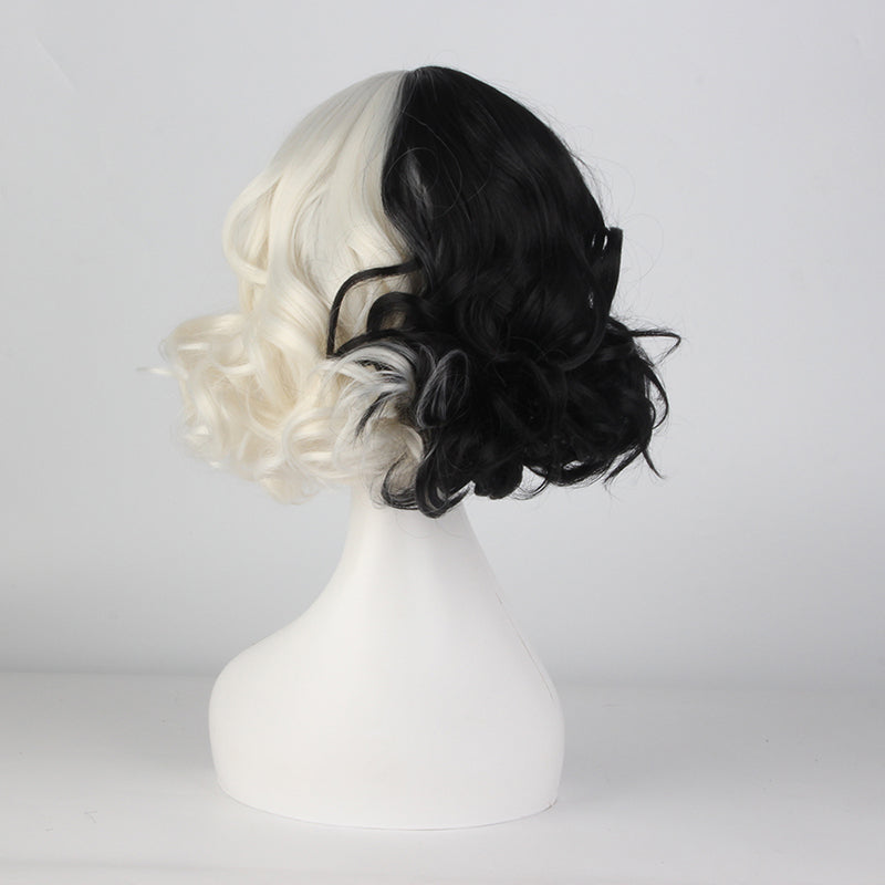 Movie Kuila Cruella Wig Anime Cosplay Black And White Color Combination Short Curly Hair