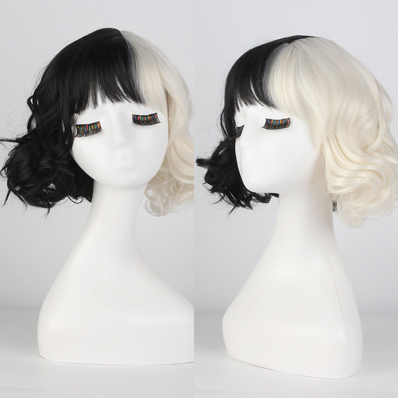 Movie Kuila Cruella Wig Anime Cosplay Black And White Color Combination Short Curly Hair