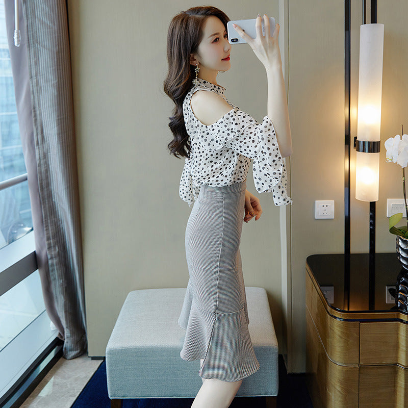 New Korean Fashion Women's Short-sleeved Chiffon Two-piece Suit