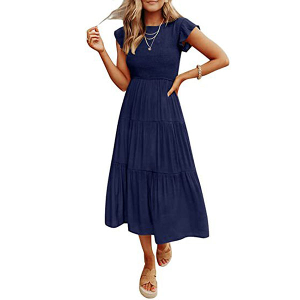 Holiday Style High Waist Dresses Summer Ruffled Sleeve A-line Beach Dress