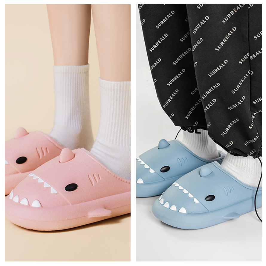 Winter Soft Bottom Household Couple Eva Hair Cartoon Shark Cotton Slippers