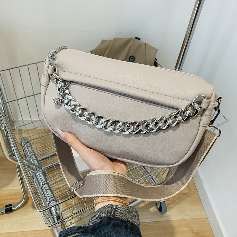 Solid Color Thick Chain Small PU Leather Crossbody Bags For Women 2022 Trend Fashion Shoulder Bag Wide Shoulder Belt Handbags