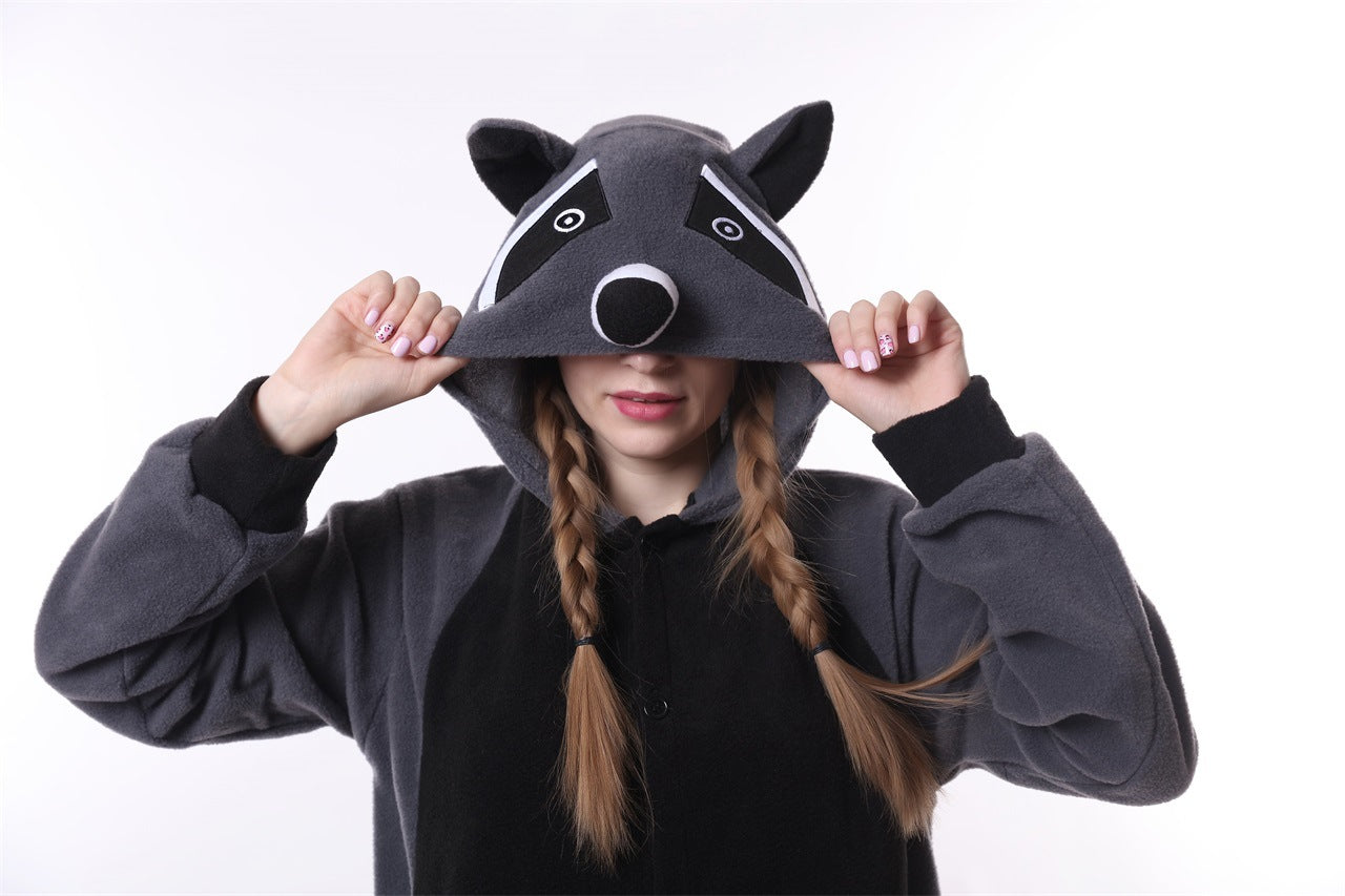 Grey Raccoon One Piece Pajamas Autumn And Winter Home Wear