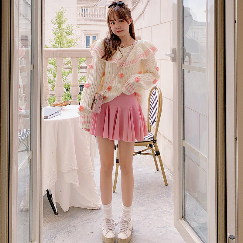 Three-dimensional Flower V-neck Ruffle Thickened Sweater