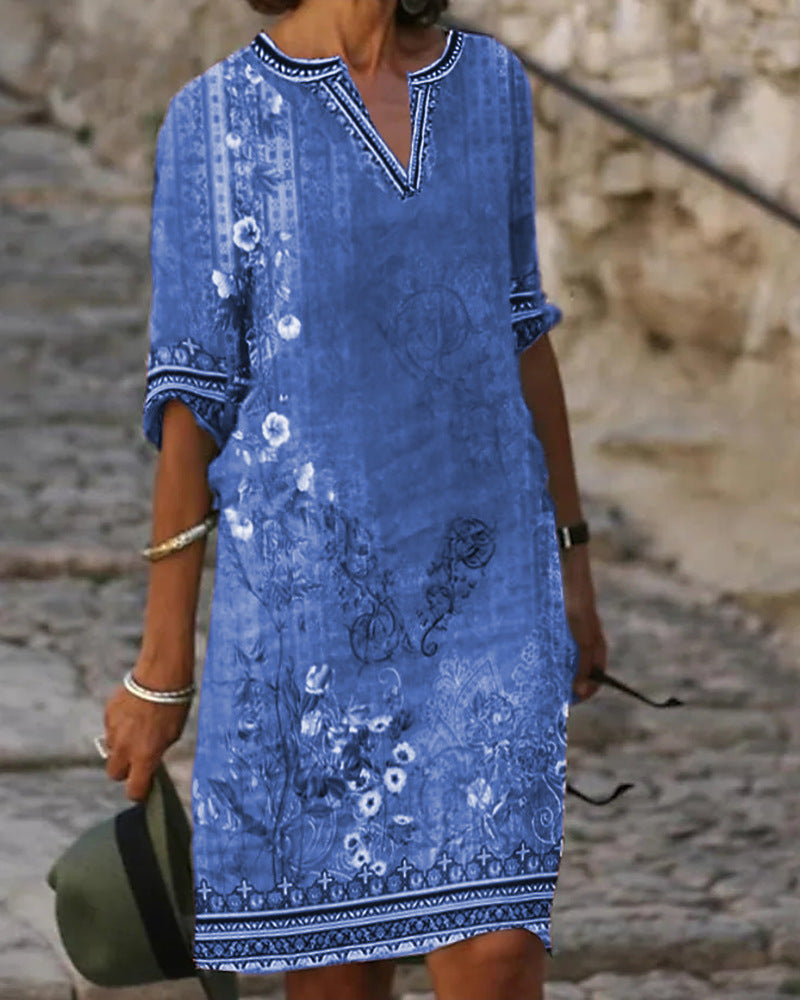 Women's New National Style Printed Casual V-neck Dress