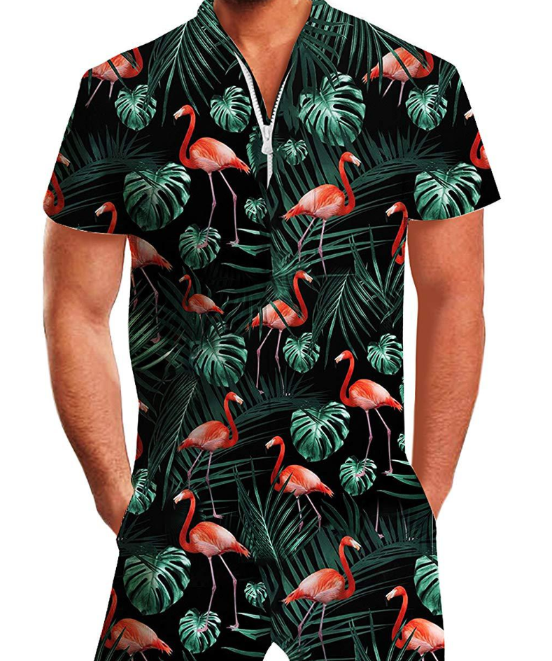 Summer short-sleeve jumpsuit Hawaiian Black Flamingo