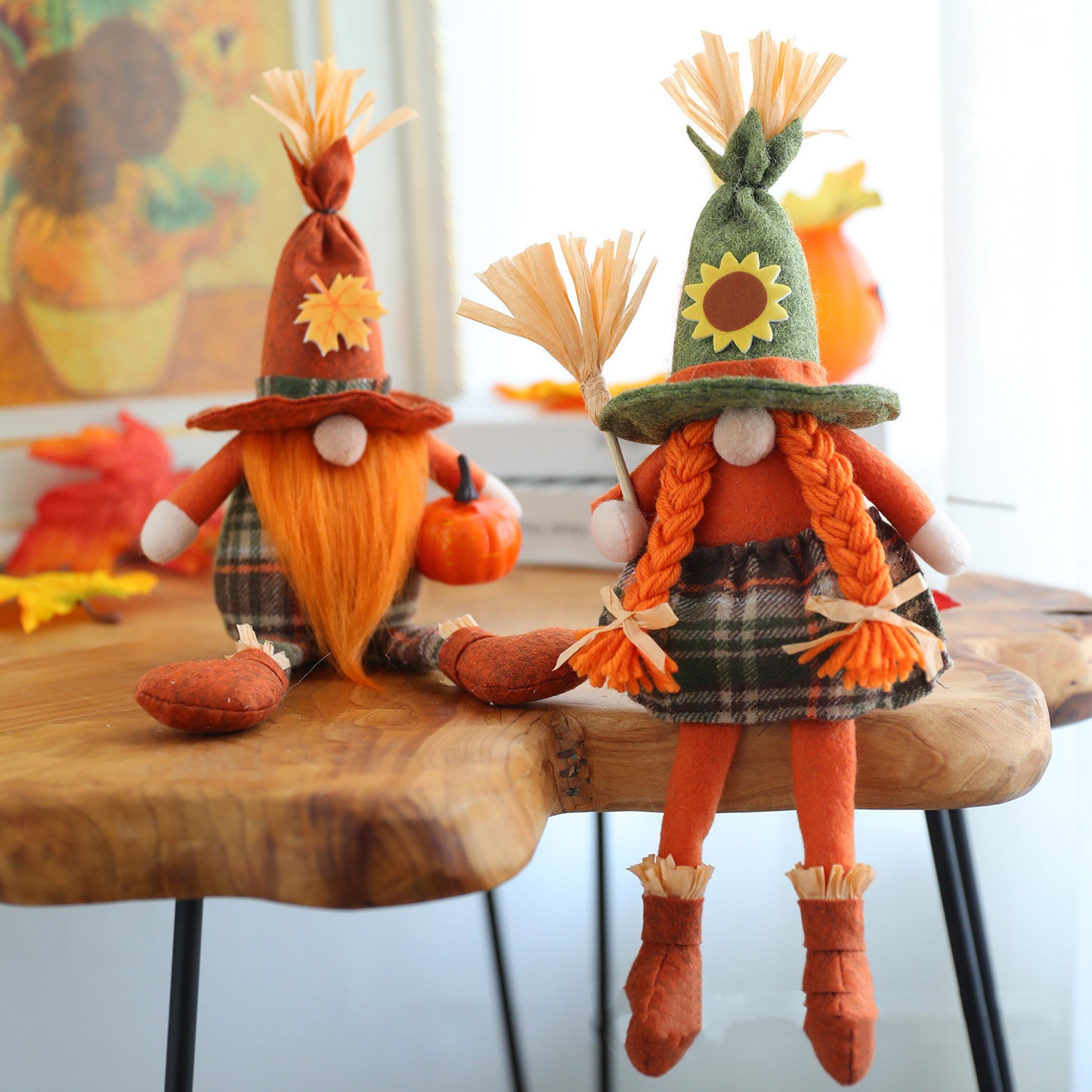 Harvest Festival Orange Pumpkin Broom Witch Scarecrow Faceless Doll