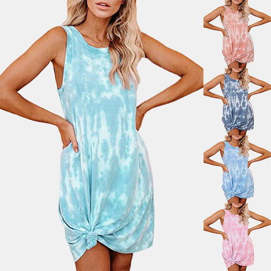 Women's Tie-Dye Print Swimsuit Beach Cover Ups Sleeveless Casual T Shirt Sundress Tank Dress