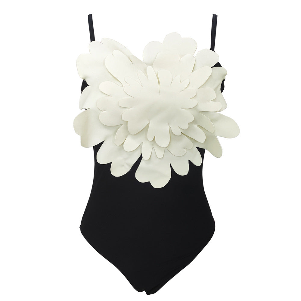 Solid Color Halter One-piece Swimsuit Female Big Flower