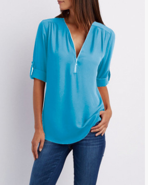 Large Size Long Sleeve Loose V-neck Shirt