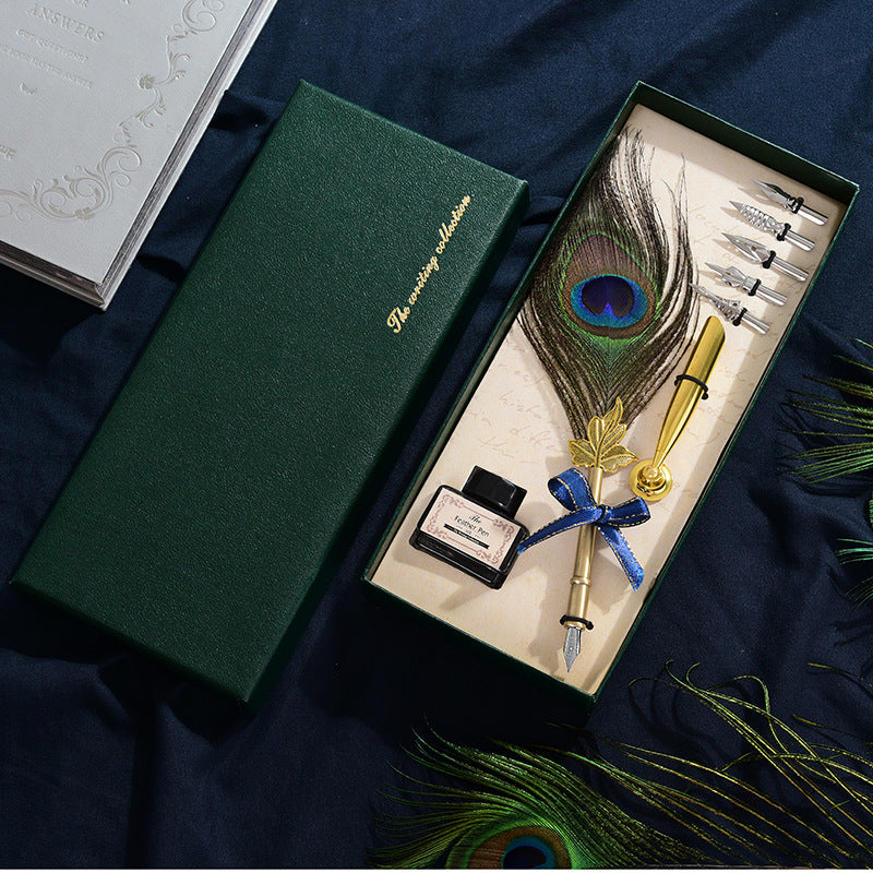 Retro peacock feather pen set