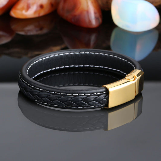 Popular Black Leather Stainless Steel Bracelet Woven Cowhide Bracelet Couple Custom Bracelets Can Be Engraved