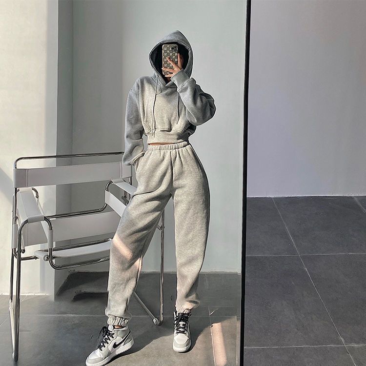 Hooded Short Pocket Plus Fleece Hoodie High Waist Loose Bunched Sweatpants Two-piece Set