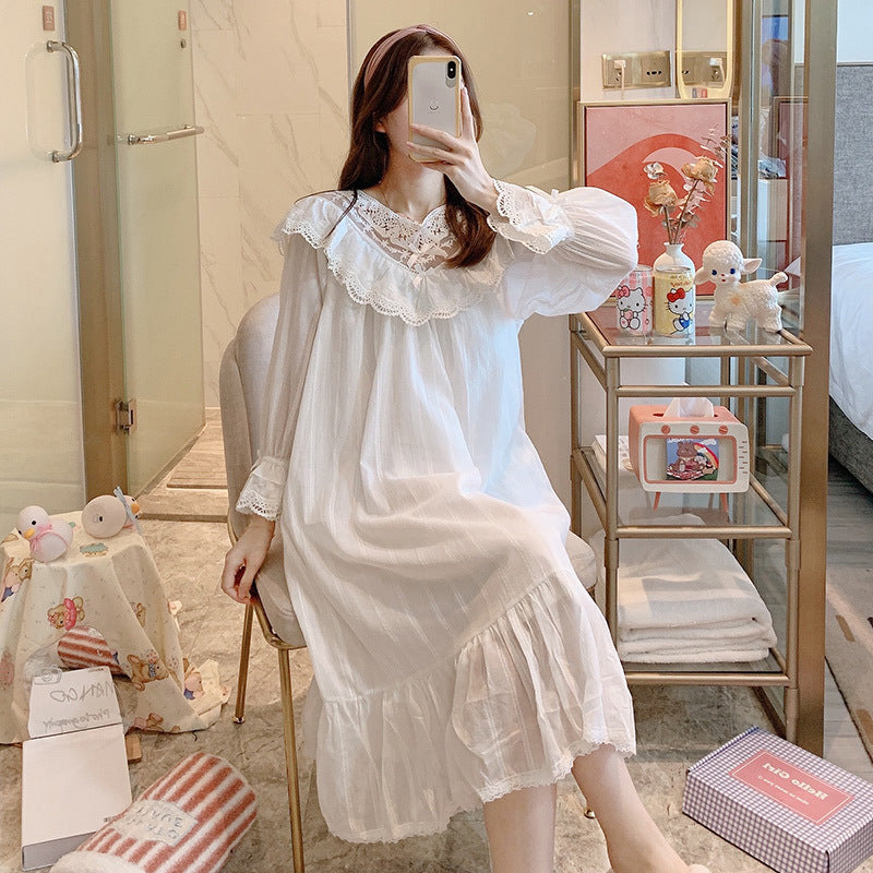 Thin Jacquard Cotton Cotton Princess Wind Long Nightdress White