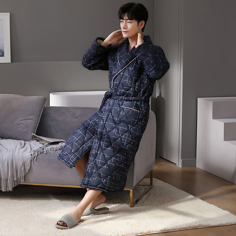 Simple Thick Cotton Long-sleeved Men's Pajamas