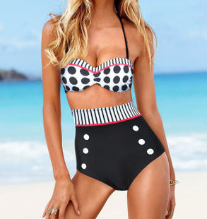 Ladies Swimsuit Retro High Waist Cover Belly Hanging Neck