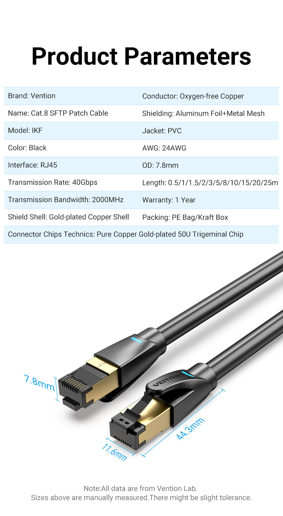 Vention Ethernet Cable RJ45 Cat8 Lan SFTP 40Gbps 2000M