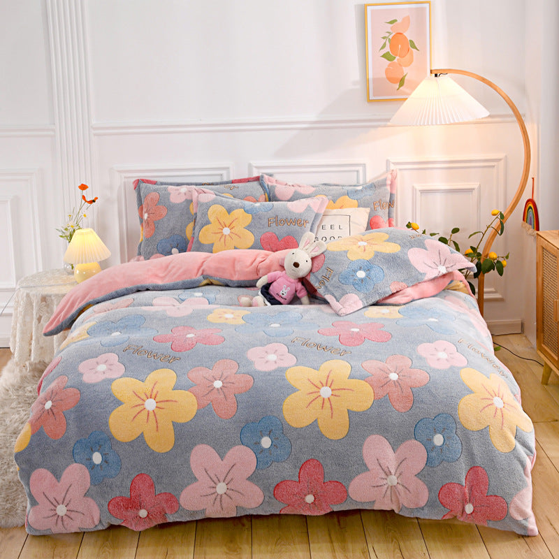 Four-piece Set Of Printed Thick Warm Coral Fleece Sheets