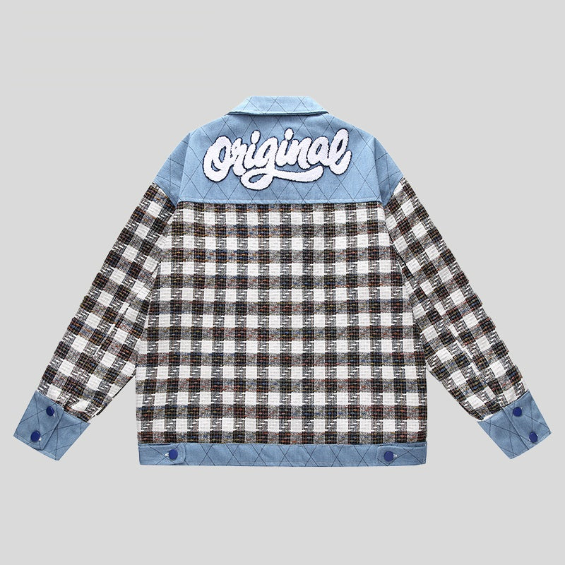 Men's And Women's Plaid Colorblock Denim Jacket