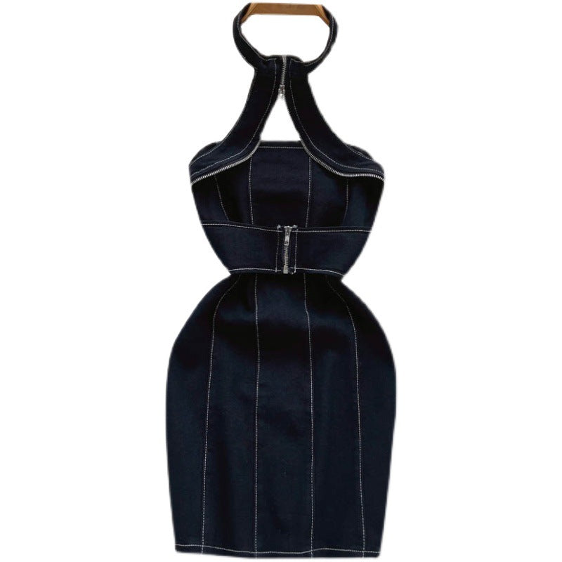 Denim Neck Hanging Bra Short Slim Dress For Women