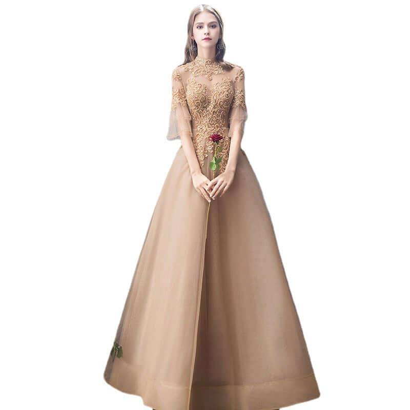 Banquet Evening Dress Female Golden Stand-up Collar Host Annual Party Dress Skirt