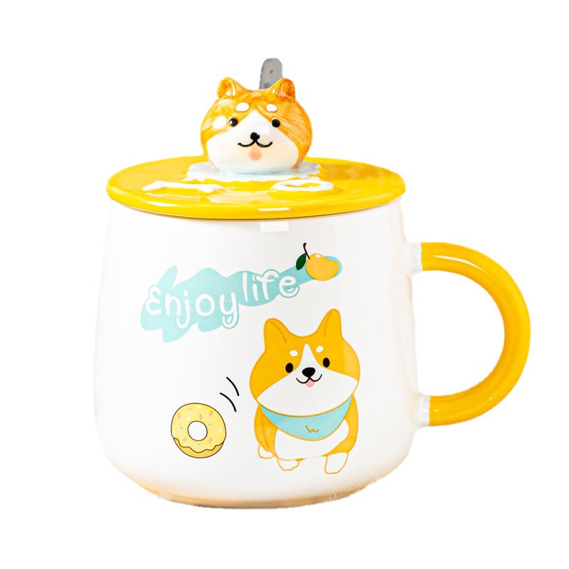 Cute Cartoon Ceramic Breakfast Cup With Lid Spoon