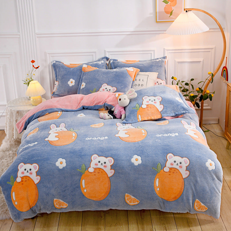 Four-piece Set Of Printed Thick Warm Coral Fleece Sheets