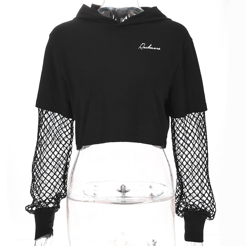 Mesh Stitching Women's Top Navel Letter Long Sleeve