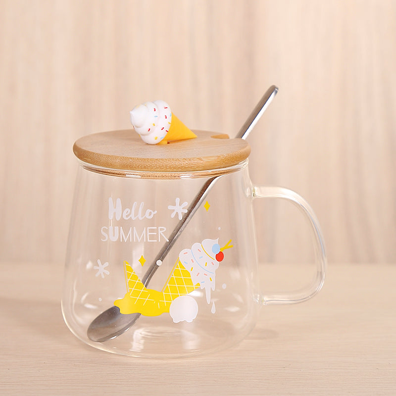 Transparent Fruit Tea Flat Bottom Glass Cup With Lid Simple