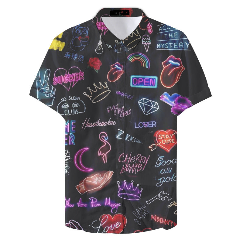 Graffiti Style Hawaiian Polyester Dark Casual Shirt