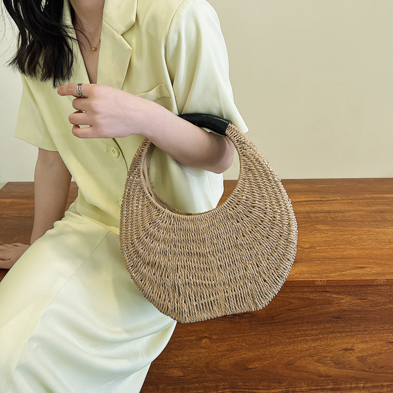 Woman Straw Bag With Round Handle 2022 Summer Travel Woven Totes Handmade Shopper Handbag Rattan Shoulder Bag Beach Purses