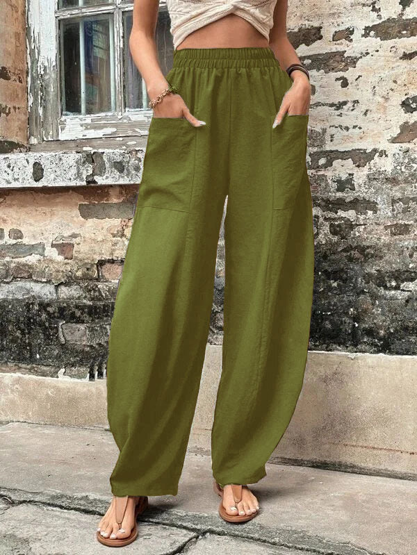 Women's Harem Pants With Pockets High Waisted Casual Beach Pants Loose Trousers