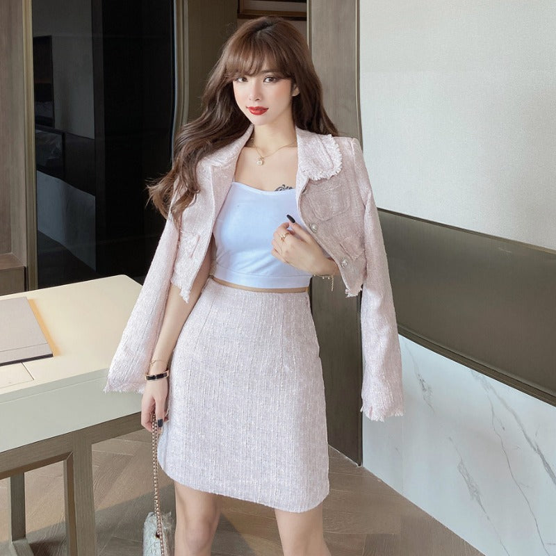 Tweed Slim Short Coat High Waist Bag Hip Skirt Two-piece Suit