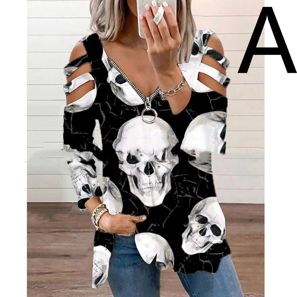 Halloween Theme Digital Printing Hollow V-neck Long-sleeved T-shirt