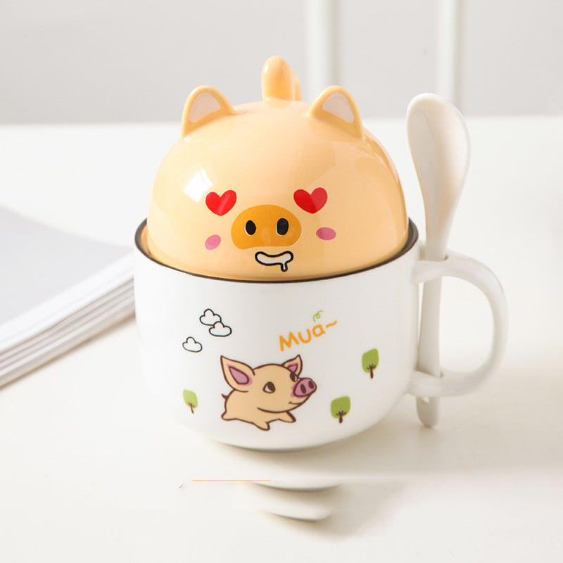 Cartoon Office Ceramic Mug With Lid Spoon