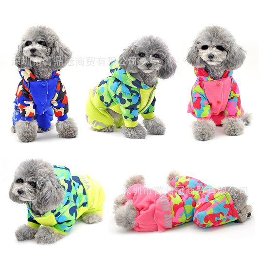 New Camouflage Hooded Four-legged Teddy Dog Autumn And Winter Clothes Pet Winter Clothing Thickened Dog Clothing