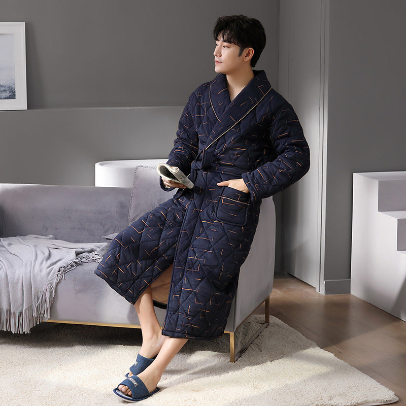 Simple Thick Cotton Long-sleeved Men's Pajamas