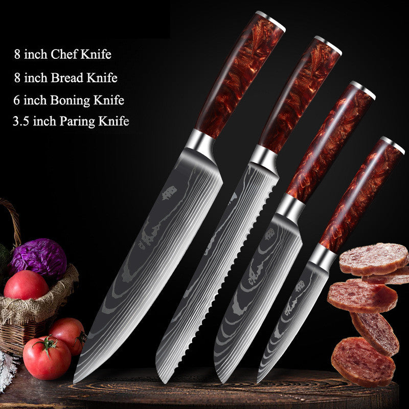 Red Resin Handle Damascus Laser Pattern Set Kitchen Knife