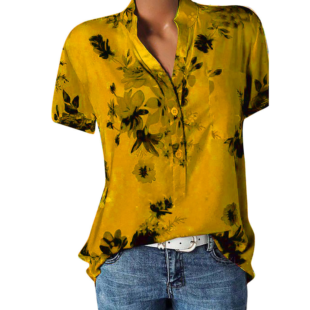 Fashion Flower Printed Tops V-neck Short Sleeve Shirt