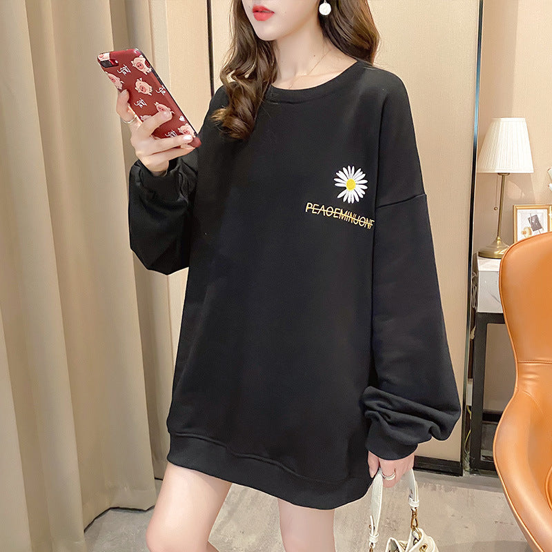 Women's Round Neck Pullover Daisy Embroidery Loose Sweater