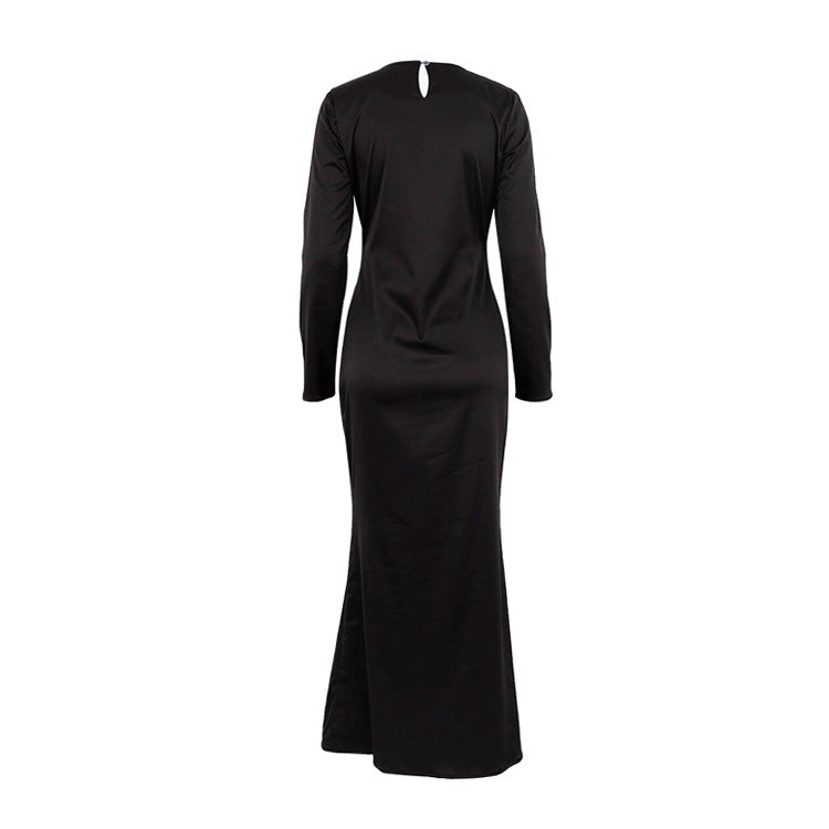 Women's New Satin Drape Round Neck High-waisted Fashionable Long-sleeved Dress