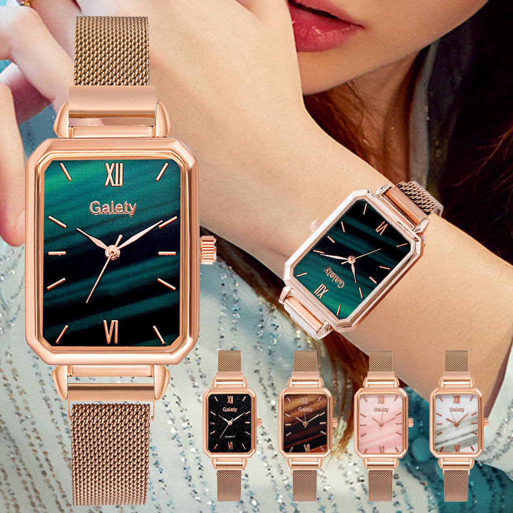 Lazy Retractable Magnet Buckle Peacock Green Elegant Ladies Mesh Belt Small Square Watch Korean Version Simple Bracelet Combination Set