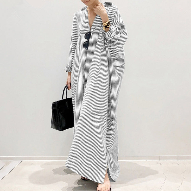 New Cotton And Linen Striped Cardigan Loose Large Temperament Commuter Irregular Dress