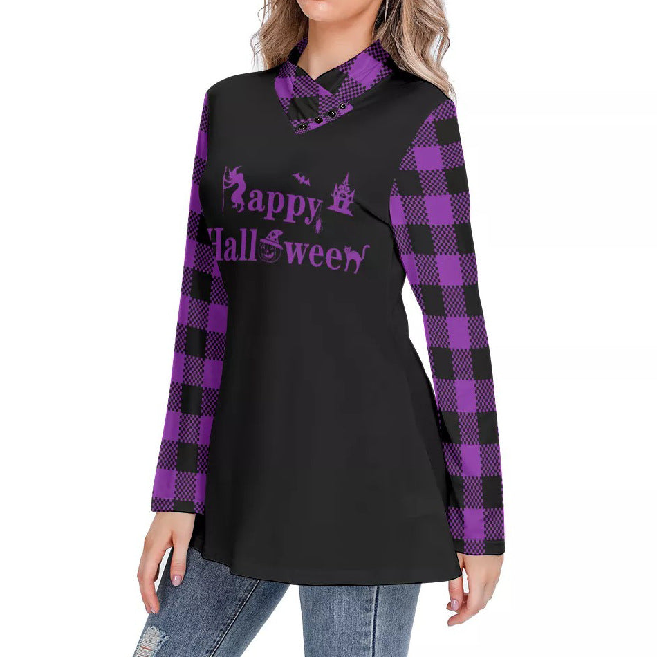 Fashion Halloween Women's Plaid Long Sleeve High Neck Slim Casual Tunic Top